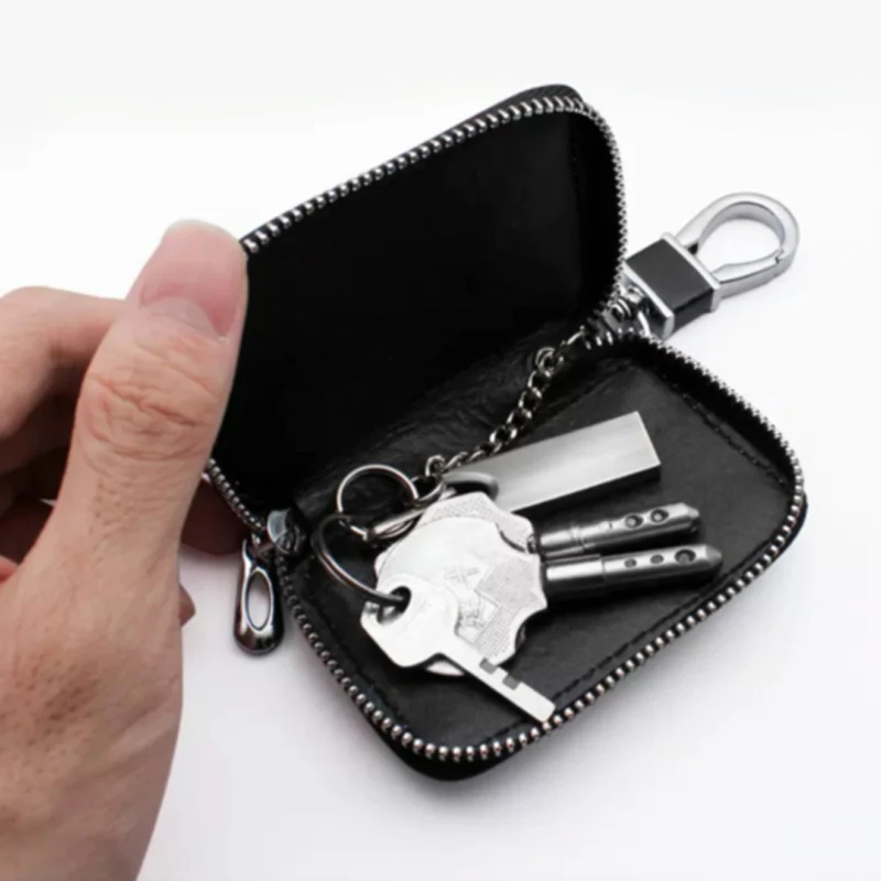 Luxurious Leather Zipper Keychain with Car Emblem Badge