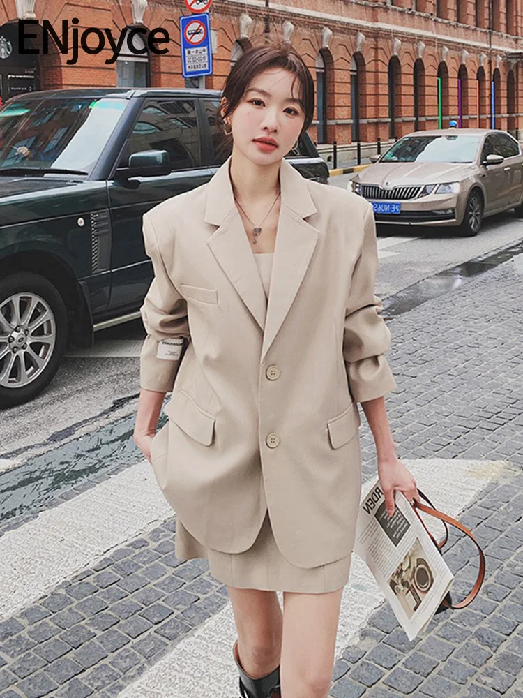 

ENjoyce Autumn Women Vintage Loose Suit Blazer and Sleeveless Dress Ladies Korean Workwear Casual Trends Formal 2 Pieces Sets