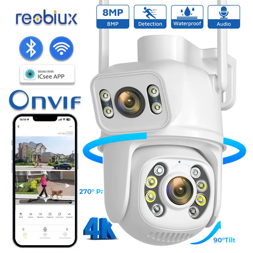 

8MP 4K Dual Lens PTZ IP Camera with Dual Screen 4MP Ai Human Detection Auto Tracking Wireless Outdoor Surveillance Camera iCSee