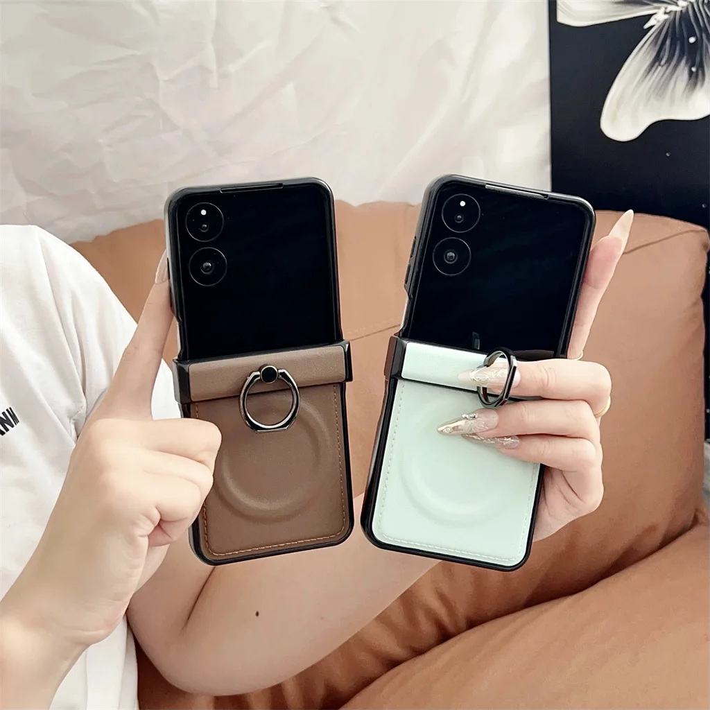 Magnetic Ring Holder PU Leather Stand Shockproof Phone Case with Hinge Protection