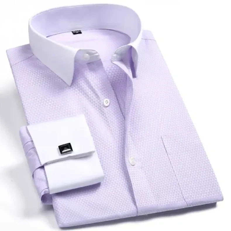 Description Picture 5 of itemMen's Collar French Cuff Dress Shirts Business Contrast  Single Patch Pocket Regular-fit Long Sleeve Social Wedding Party Shirt