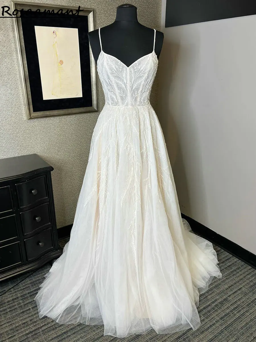 

Real Image Spaghetti Straps Sleeveless A-Line Wedding Dresses Illusion 3D Appliques Lace Bridal Gowns Robe De Mariée