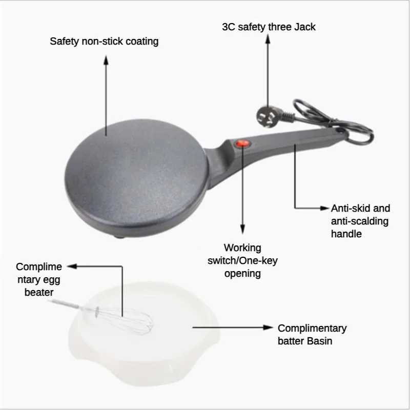 Electric Pancake Pan Maker Spring Roll Skin Mini Waffle Machine 700W Cake Bake Non-Stick Coating Send Egg Basin Whisk 4