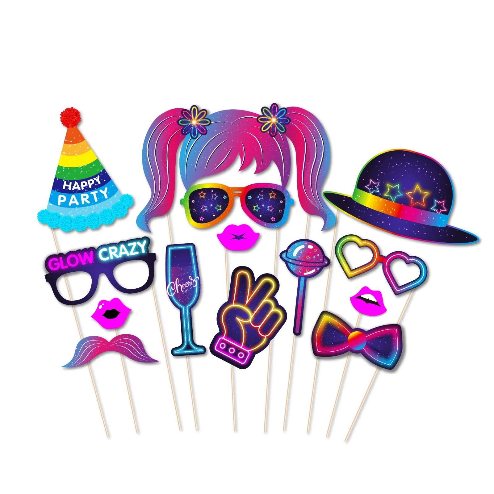 Glow Crazy Party Photo Booth Props Music Club Colorful Graffiti Birthday Party Funny Glasses Lips Hat DIY Photo Shoot Prop Decor party photo props