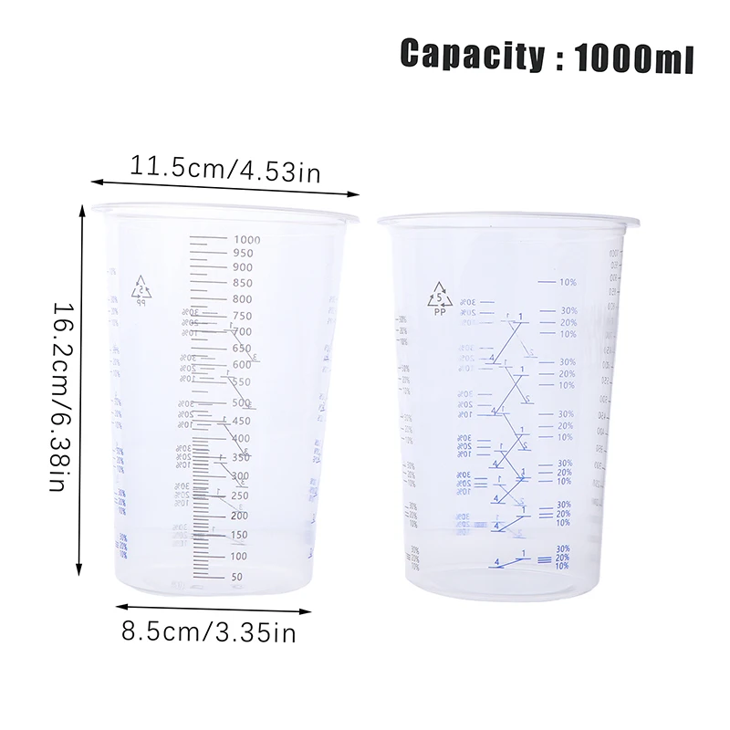 새로운 10 Pcs 페인트 혼합 교정 컵 플라스틱 페인트 혼합 컵 1000Ml 페인트 및 액체의 정확한 혼합을 위한 혼합 용기