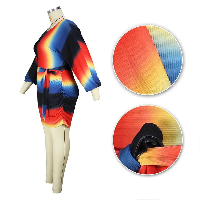 Rainbow Pinstripe Crew Neck Sashes Batwing Long Sleeve Elegant Backless Pleated Pit Strip Slim Knitted Plus Size Dress for Women