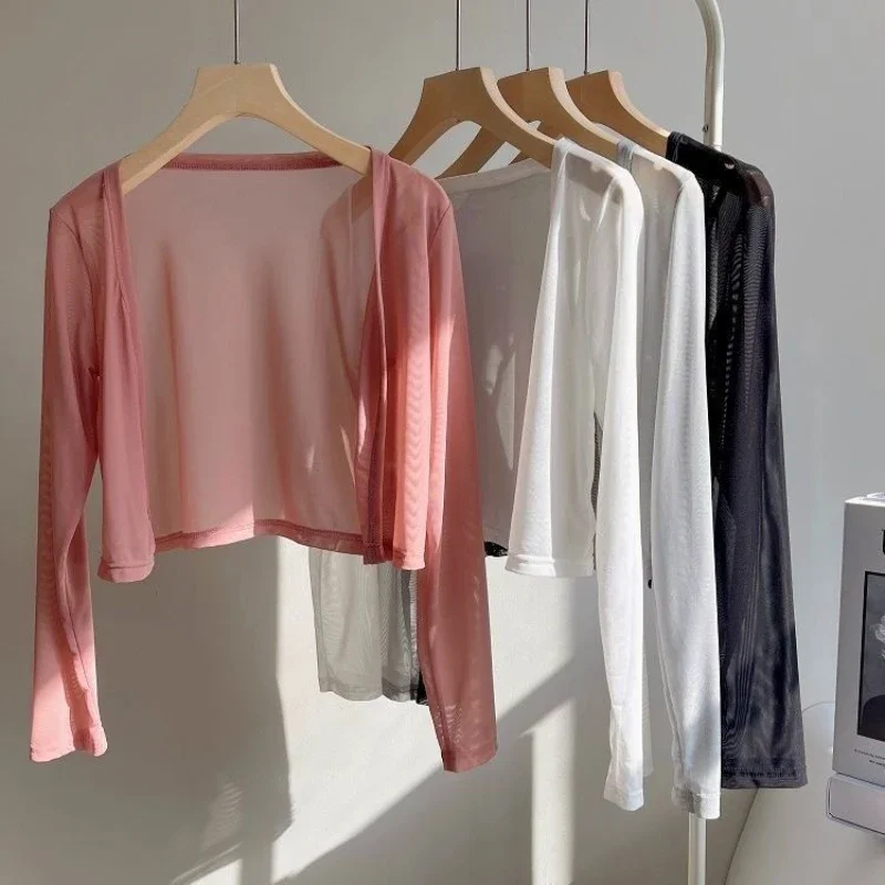 짧은 메쉬 크롭 가디건, 심플한 오픈 스티치 가디건, 여름 태양 보호, 부드러운 통기성 비치 가디건, 여성 도매 