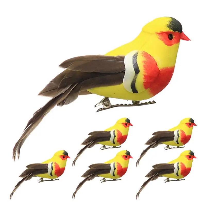 

6PCS Artificial Birds With Feathers Fake Craft Bird Artificial Parrots Imitation Bird Yellowbird Ornament For Garden Decoration