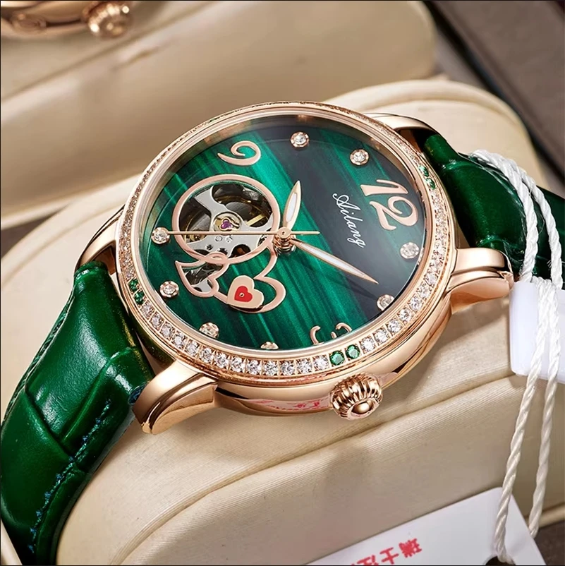 Luxus Automatische Skelett Mechanische Uhr Damen Uhr Hochwertige Wasserdichte Diamant Grüne Uhr Leuchtende Uhr_voghion.com