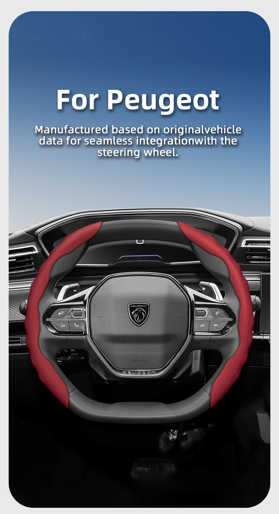 Lenkradbezug Passend für Peugeot, Wellenförmiges Sportliches Design, Atmungsaktives Leder, Segmentierter Rutschfester Schweißabsorbierender Schutzbezug für Nouvelle 208 308 408 2008 3008 4008 5008 508 Sw Rifter Traveller – Detail 1