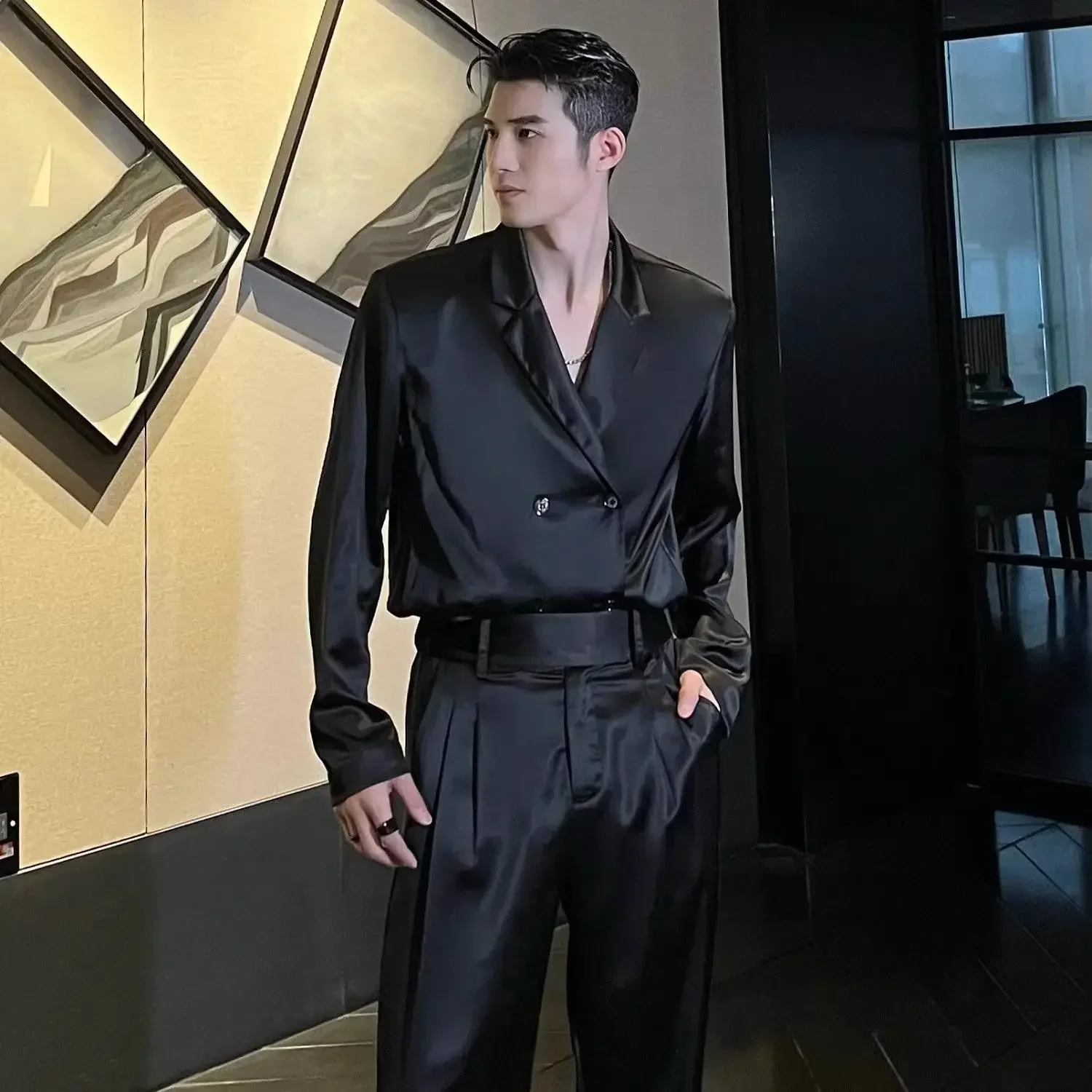 Spring New Niche Casual Temperament Suit  Fashion Loose High Street Loose Overcoat Long Pants Men Trousers Set Male Clothes 5