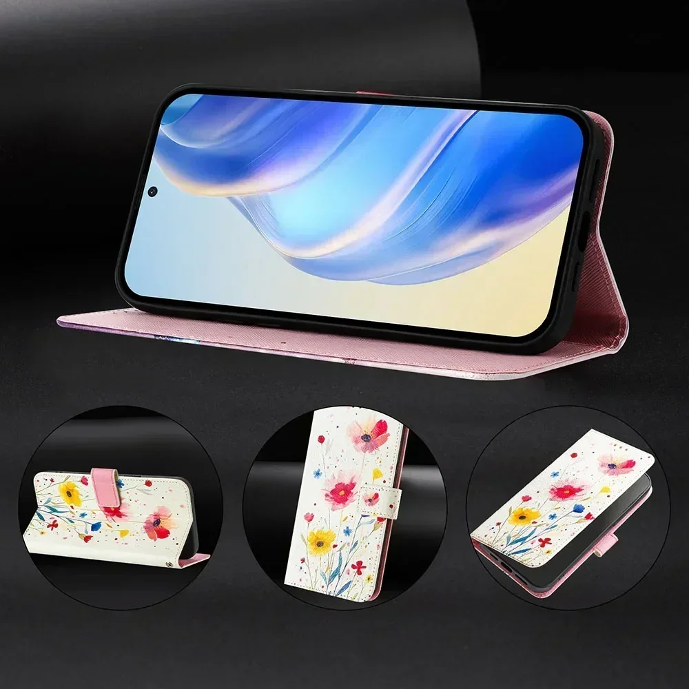 Cartoon Painted Leather Flip Wallet Phone Case with Card Slot Holder