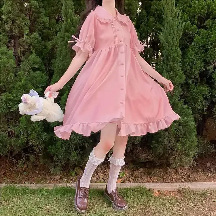 

Lolita Style Summer Women's Dress Kawaii Edible Tree Fungus Ball Gown Dress Peter Pan Collar Bandage Puff Sleeve Dresses