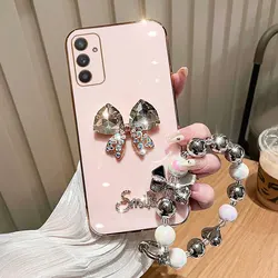 Elegant Pearl Bow Wristband Phone Case - Soft Silicone Protective Back Cover for F23 (Pink)