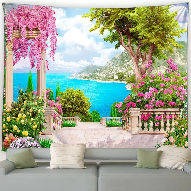 Tapisserie de paysage de bord de mer, fleurs roses, plantes, arbres, Style européen, paysage d'océan, décoration murale suspendue pour la maison et le salon 1