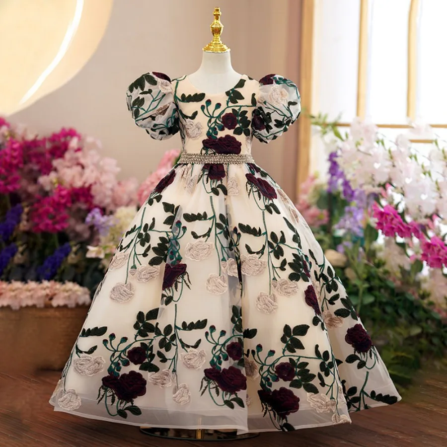 

Luxury Teens Girls Embroidery Flower Puff Sleeve Prom And Evening Dress 3 To 16 Year Formal Princess Wedding Party And Gala Gown