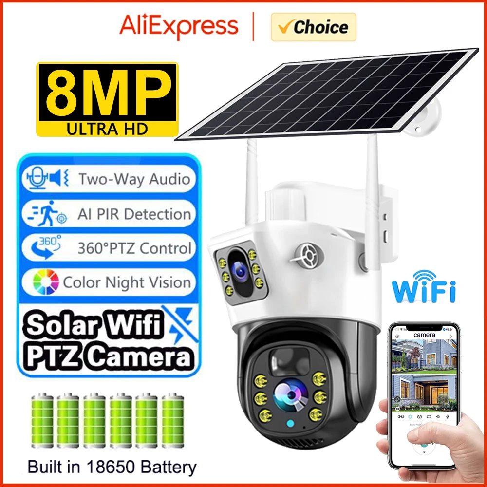 Videocamera Di Sorveglianza Esterna Bezomiz 4K Solare: 8MP, Doppio Obiettivo, Rotazione 360°, Batteria 10400mAh, Visione Notturna A Colori