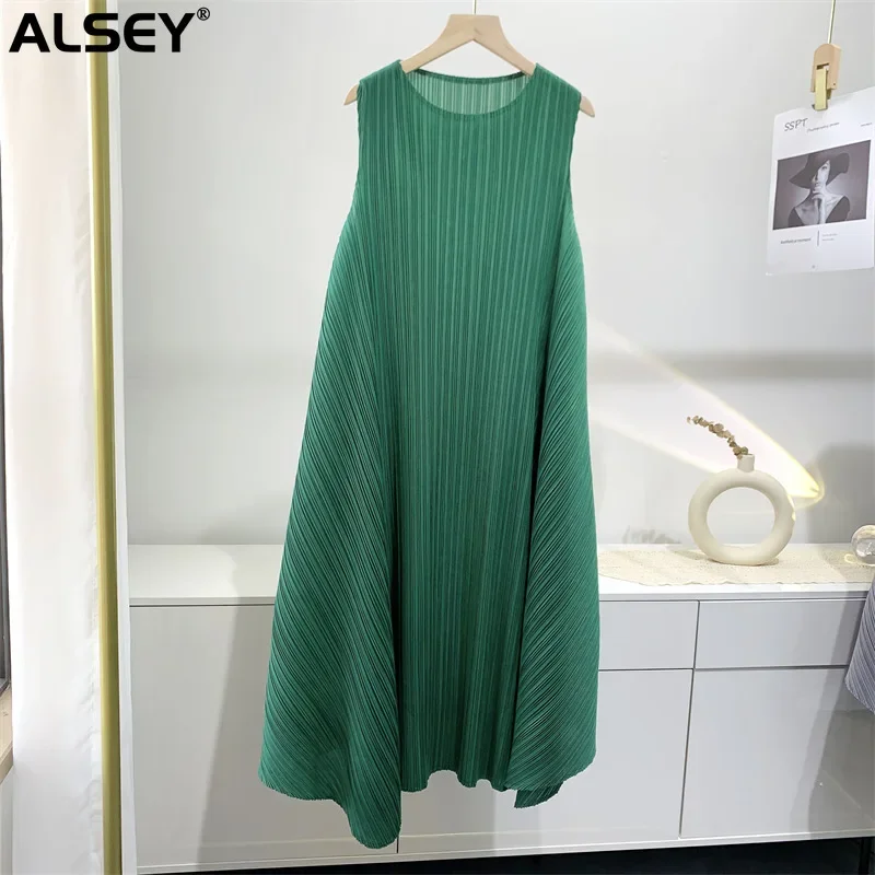 

Плиссированное модное женское платье ALSEY Miyake без рукавов, летнее Новое Элегантное однотонное свободное Простое Повседневное платье с круглым вырезом