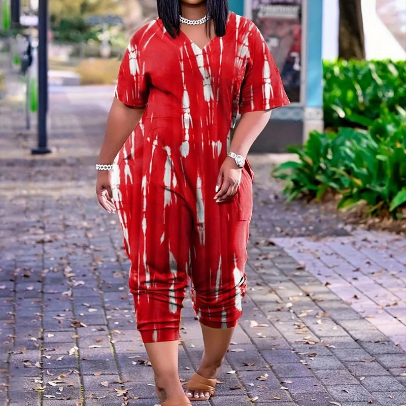 Summer New European and American Oversized Women's Clothing Casual Trend Stripe Printed Short Sleeve Loose Mid Waist Jumpsuit