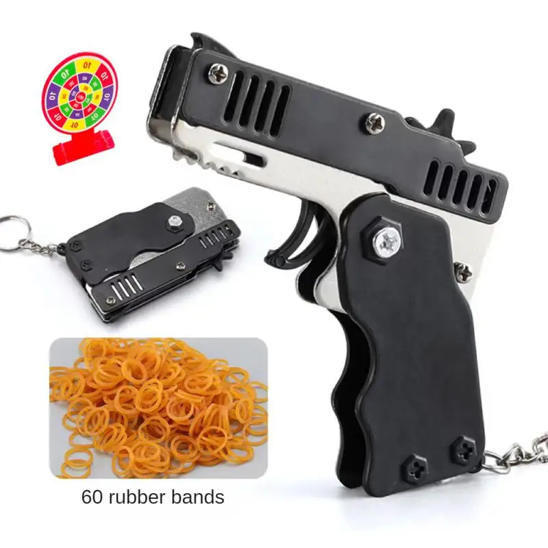 Rubber Band Gun 1Pcs Kids Toy Cool Keychain Mini Metal Folding Shooting Pistol With 60 Elastic