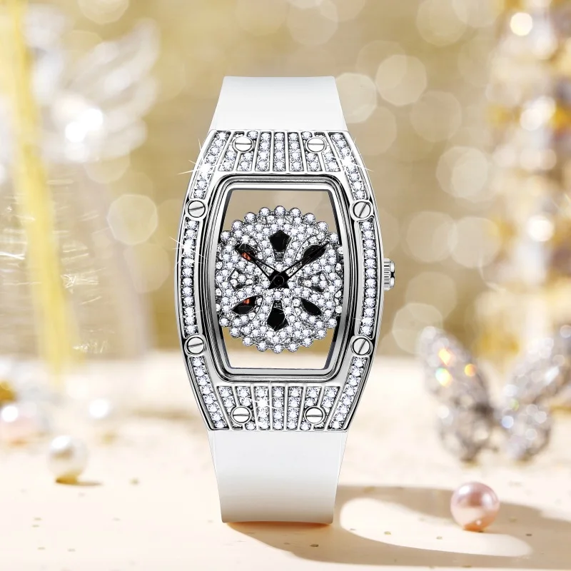 

Luxury Starry Sky Watches for Women Unique Tonneau Hollow Dial Silicone Strap Rhinestone Casual Elegant Women Watches Waterproof