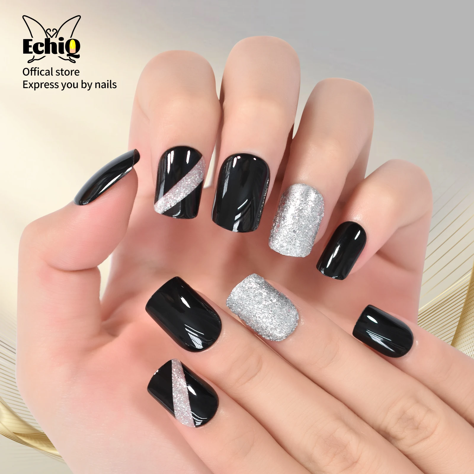 Uñas postizas acrílicas artificiales para dedos, uñas negras cortas  reutilizables con purpurina, prensa de plata áspera para mujer _ -  AliExpress Mobile