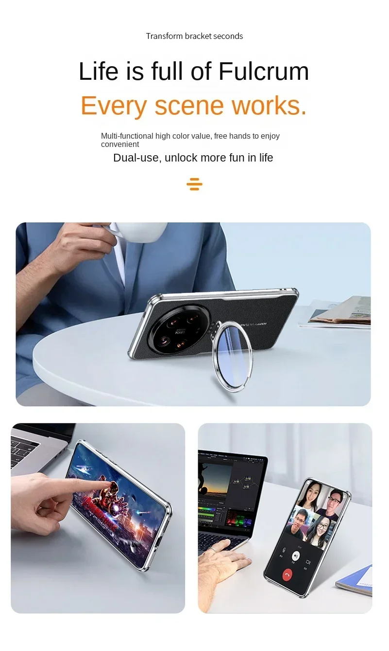 Glass Lens Invisible Bracket Phone Case with Anti-Drop Shockproof Leather Back Cover