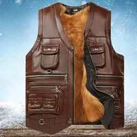 2024 Women Autumn Winter New Genuine Leather Vest Men Pocket Middle-aged Waistcoat Male Thick Fleece Sleeveless Coats D351 1