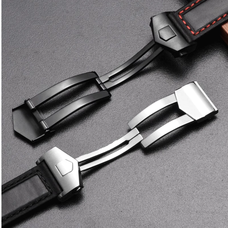 Elegant Cowhide Leather Watchband with Metal Folding Buckle - Black/Red