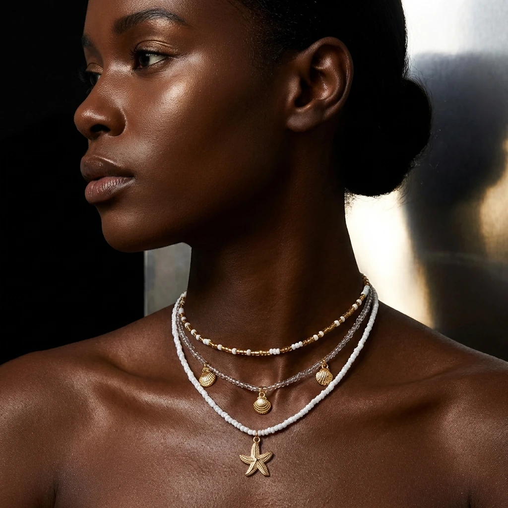 Handgefertigte Mehrlagige Reisperlen-Halskette für Frauen mit Einfachem Seestern-Muschel-Anhänger, Böhmischer Strand-Schmuck als Geschenk – Detail 2