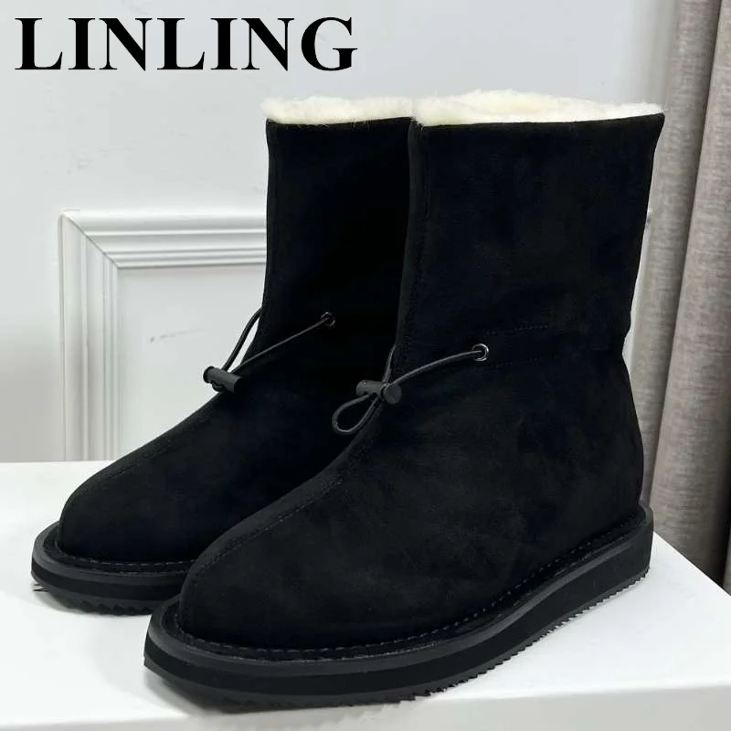 

Winter Retro Women Snow Boots Suede Leather Elastic Band Casual Shoes Woman 2023 Female Flat Eound Toe Boots Lady Botas Mujer