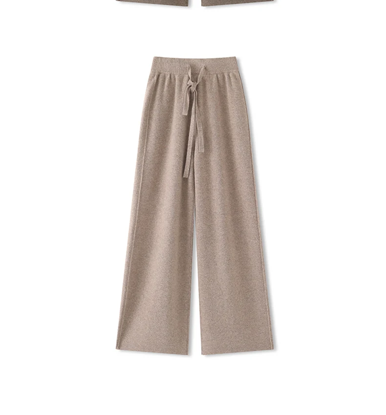 بنطلون نسائي جديد من الصوف الميرينو 100٪ بتصميم مستقيم الساق للربيع والخريف، سميك وعملي بخصر مرتفع وفضفاض، بنطلون محبوك واسع الساق