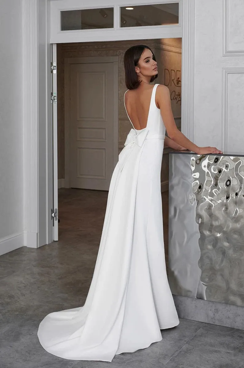 Modern Crepe Mermaid Wedding Dress Belt Women Backless Brides Wedding Party Wear Boho Bridal Dress vestidos de novia  Customized 3