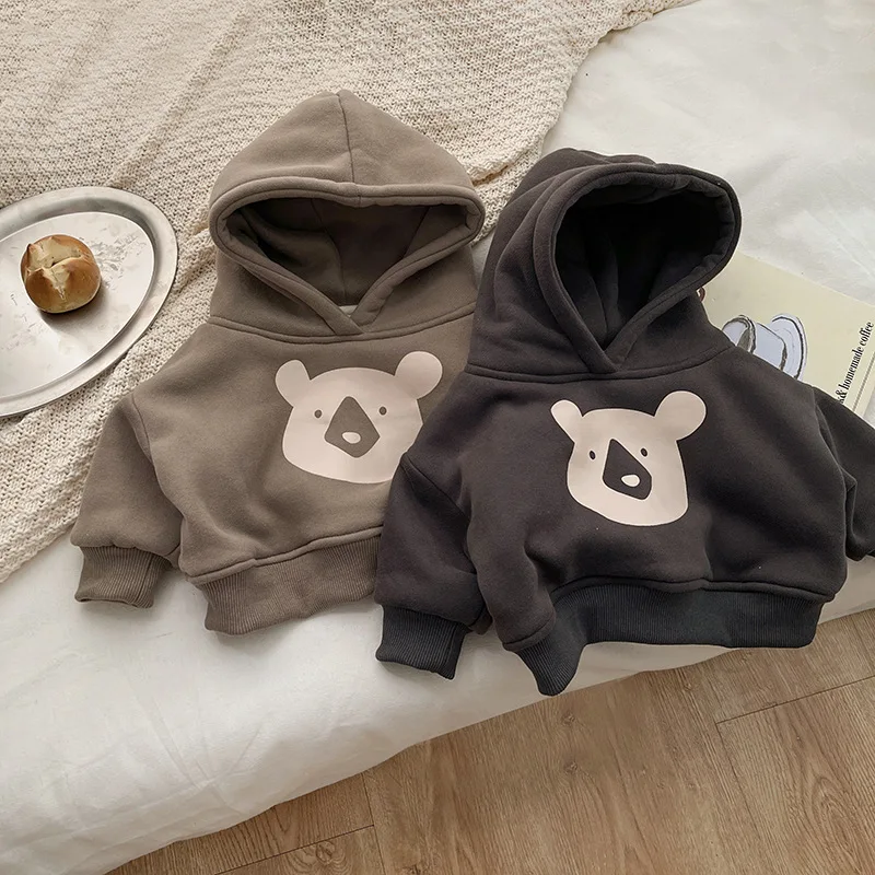 2024 Winter New Baby Fleece Hooded Sweatshirt Cotton Infant Casual Pullover Plus Velvet Thick Toddler Cartoon Bear Warm Hoodie