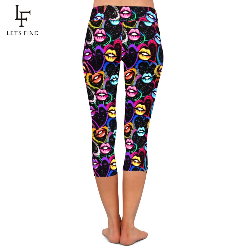 LETSFIND Sexy Women Legging LIPS Printing Capri Leggings High Waist Elasticity Slim Mid-Calf 3/4 Leggings  Female Pants