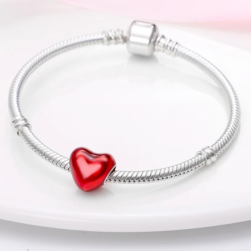 Beads Charms 925 Sterling Silver Red Color Series Heart Shape Fit Pandora 925 Original Bracelets Lucky Jewelry Gifts