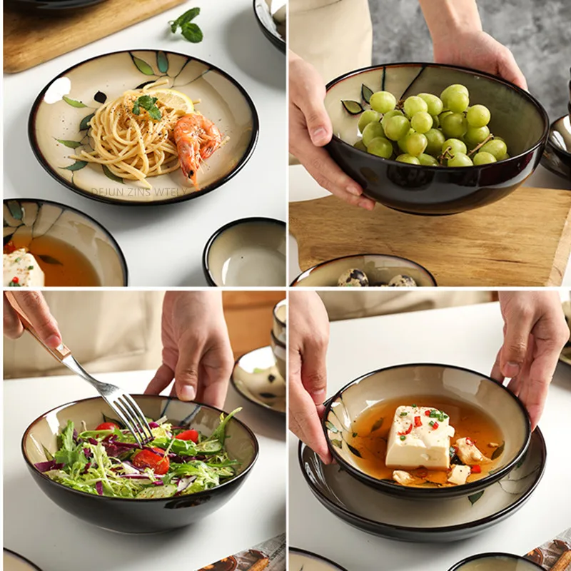 1Pc 빈티지 대나무 잎 세라믹 그릇 샐러드 접시 절묘한 세라믹 칼 붙이 가정용 국수 그릇 서양 스테이크 케이크 스시 접시