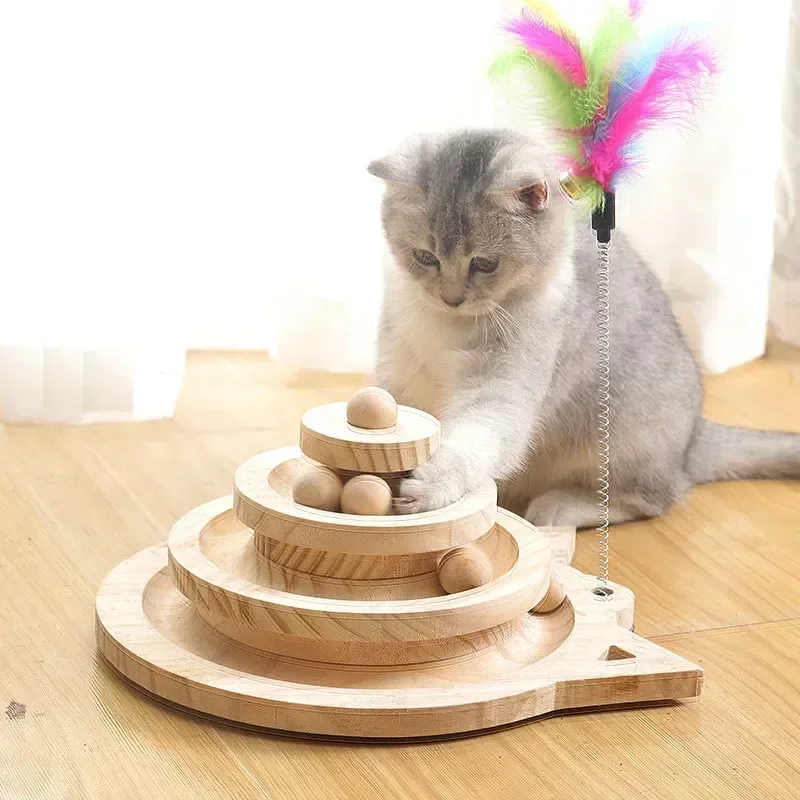 

Tracks Cat Triple 2/3 Toys Intelligence Wooden Play Training Levels Tower Amusement Pet Ball Toy Disc