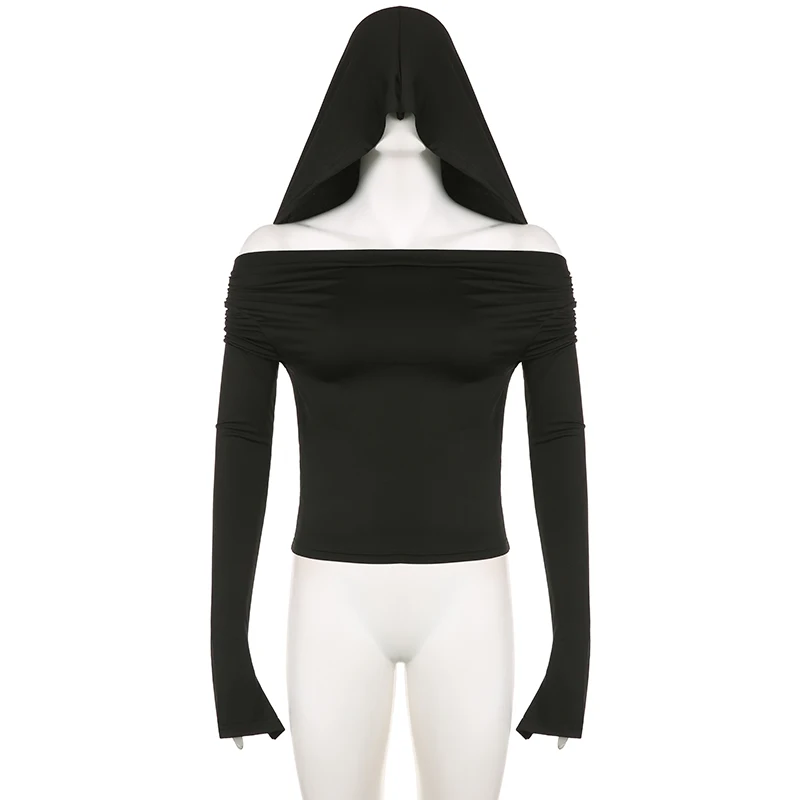 Basic Slim Fit Hooded Crop Top Elastic Long Sleeve Women Black Casual T-shirt Casual Swinging Collar Hoodies Pullover