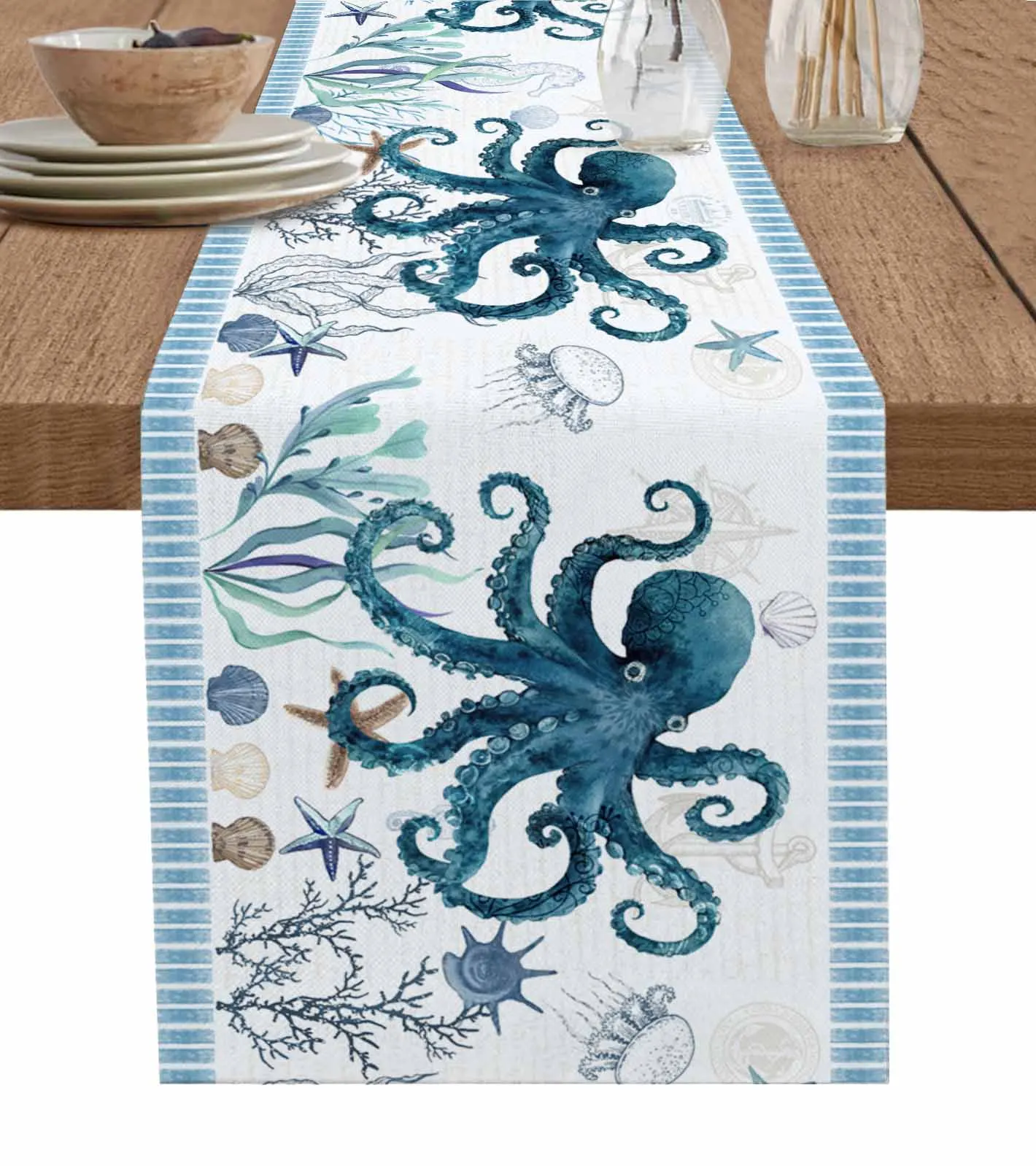 

Summer Marine Life Coral Octopus Starfish Linen Table Runners Kitchen Table Decoration Dining Table Wedding Party Supplies