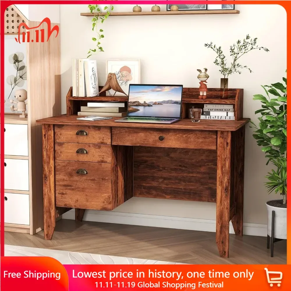 48" Computer Desk with 4 Storage Drawers，Hutch for PC Laptop Table，3 Storage Cabinets，Wood Executive Table