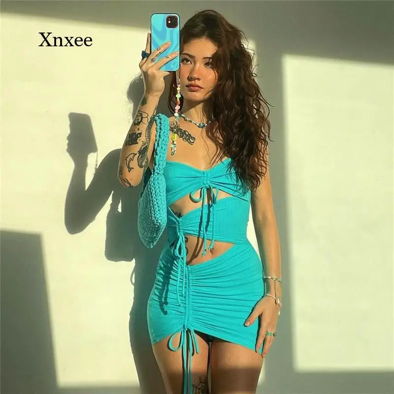 

Fashion Blue Drawstring Backless Cami Dress Women Sexy Clubwear Bandage Sleeveless Bodycon Cut Out Dress Party Outfits
