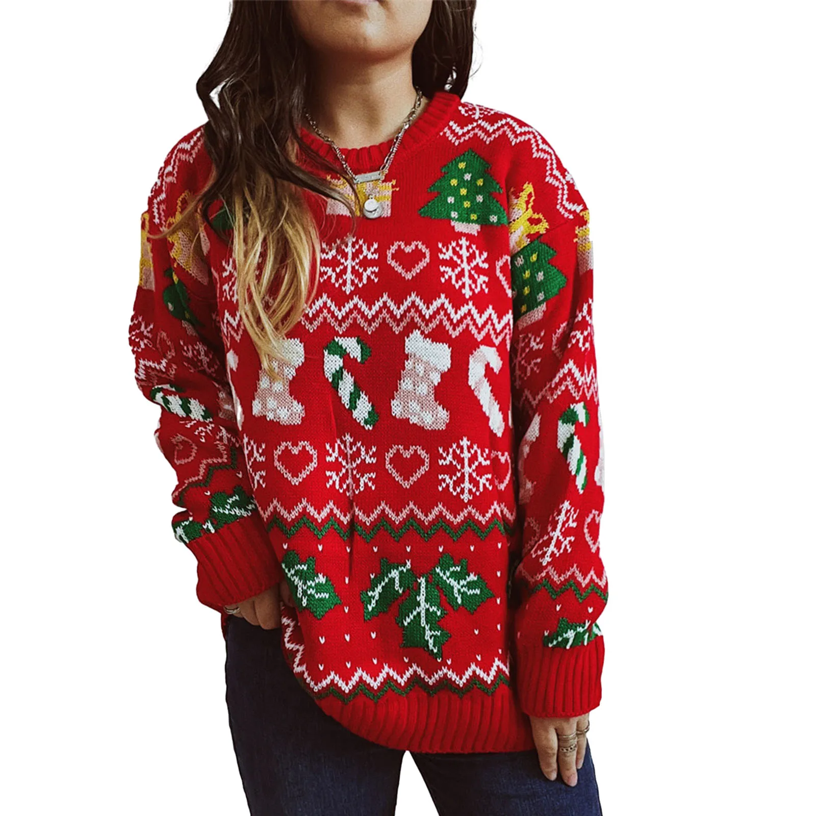 thumbnail image 1 of Suéter navideño feo y divertido para mujer, suéter de punto con copos de nieve, medias y árboles para las fiestas, 1 of 5