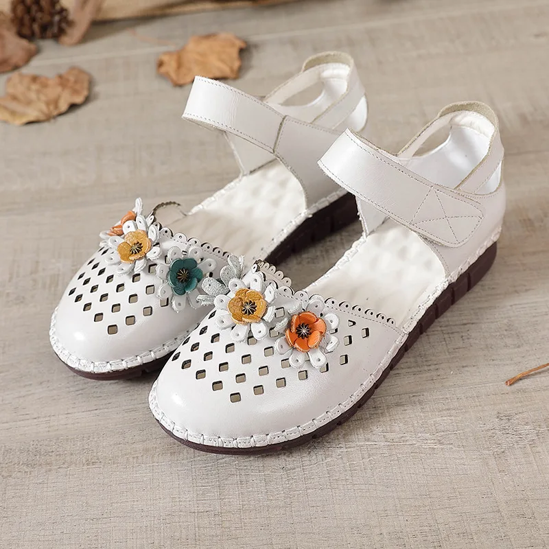 2023 White Mary Jane Flat Shoes For Women Genuine Leather Strappy