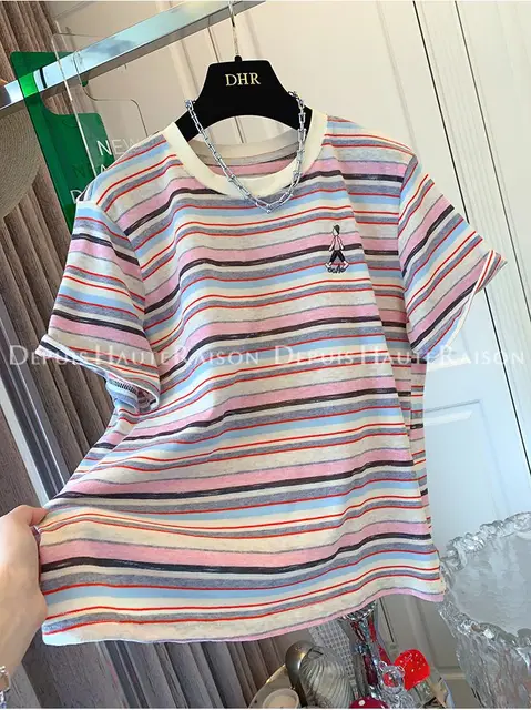 Ele American Retro Embroidered Striped ort Sve T-irt Loose