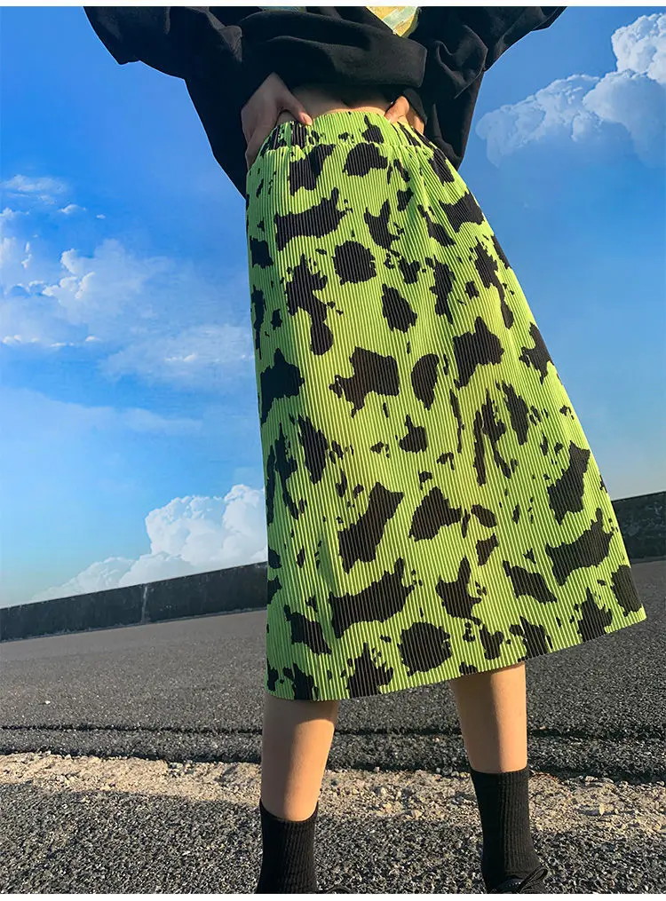 green printed midi skirt