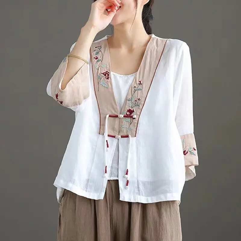 New cotton linen vintage cheongsam blouse traditional chinese tea clothing flower embroidery women hanfu oriental tang suit