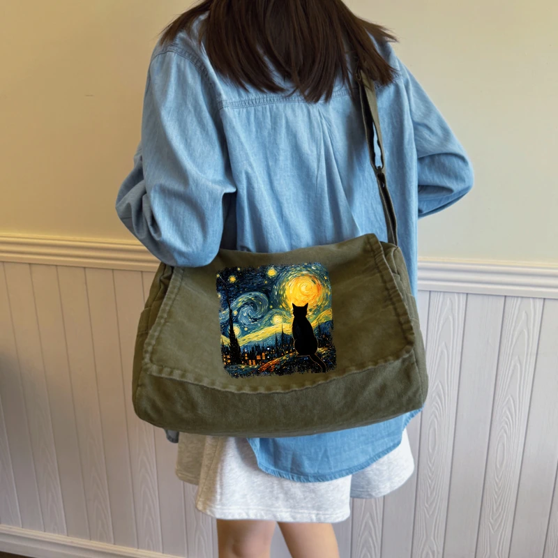Artistic Women's Shoulder Bag Canvas Cat Print Large Capacity Messenger Bag Daily Use Crossbody Bag
