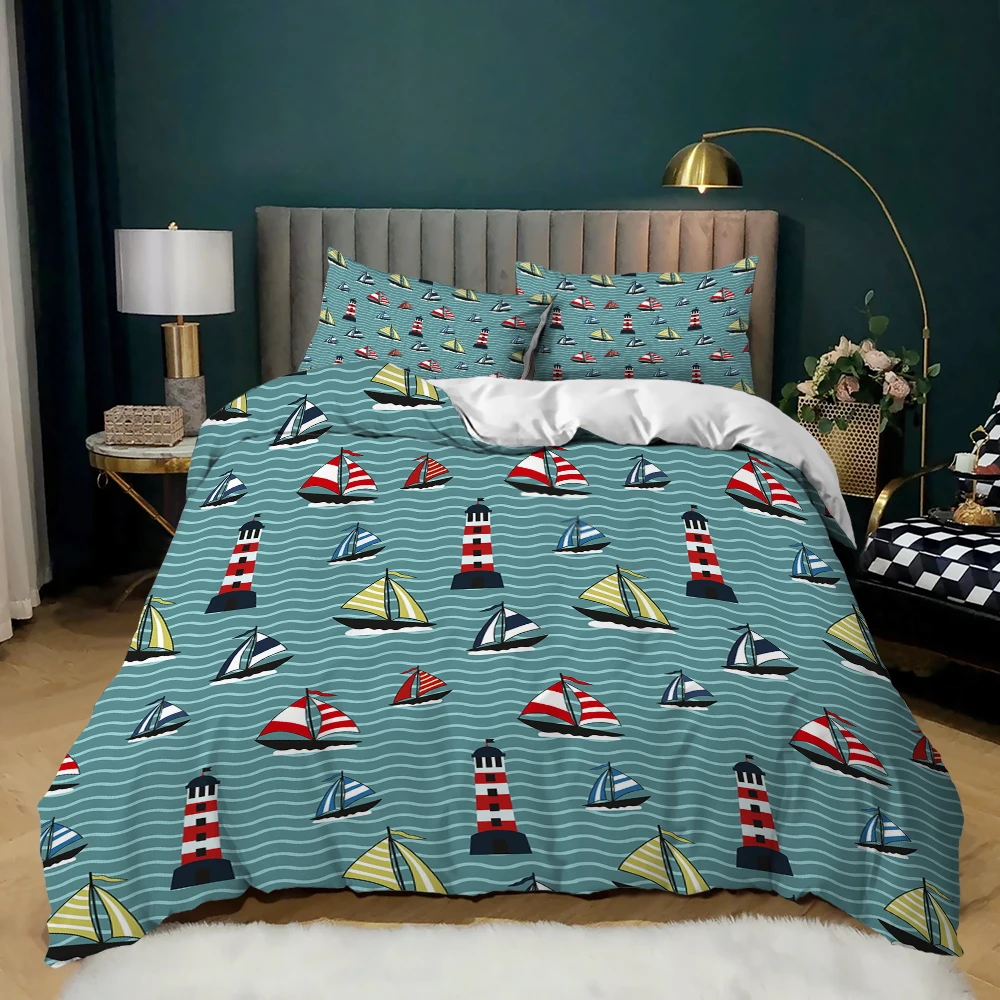Nautical Boat Sail Sea Blue Bettbezug-Bettwäsche-Set, Bettdecke, Leinen-Kissenbezüge für Kinder und Erwachsene, Einzelbett, Doppelbett, King-Size-Bett, Queen-Size-Bett – Detail 8