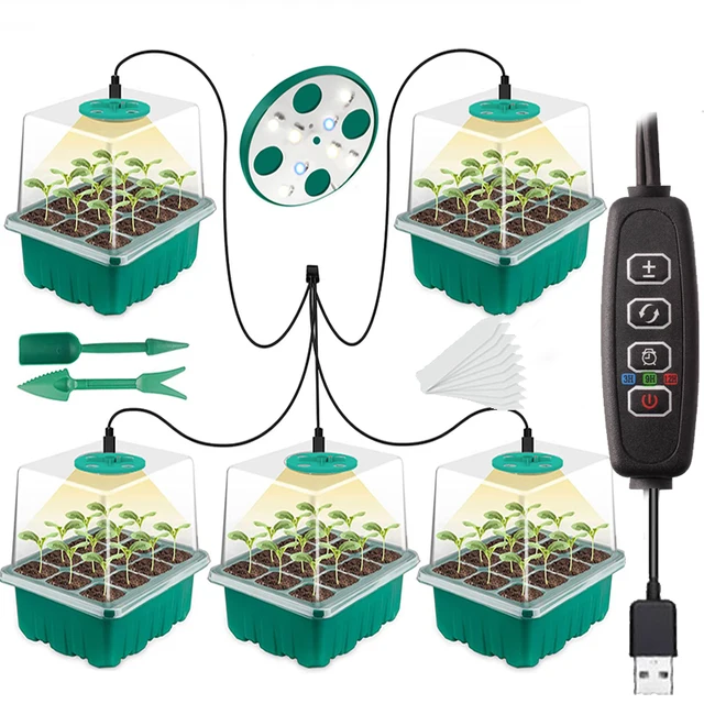 Teljes Spektrum Led Grow Fight Pottel Tálca Növényi Indító Tálcákkal, Üvegházhatású Tálcák Lyukakkal 12 Cellánként